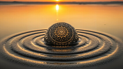 Intricate dark patterned sphere creating concentric ripples in calm water at sunset with bright sun reflection
