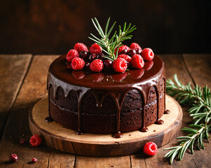 Chocolate cake on a wooden background decorated with raspberries, cranberries, and rosemary sprigs. New Year's mood. Template..