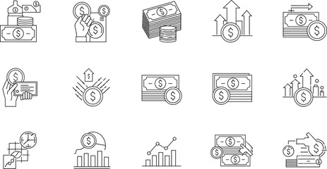 Minimalist financial icon set, line-art money and investment symbols, economic activity graphics, transaction and savings vector collection