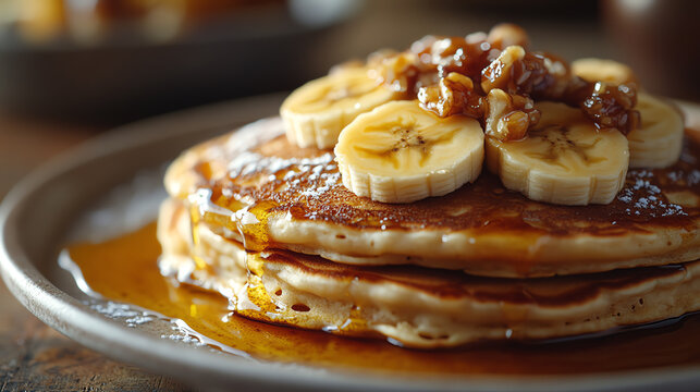 Delicious stack of pancakes topped with banana slices and walnuts, drizzled with syrup, perfect for breakfast indulgence.
