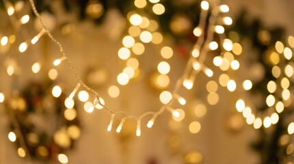 Warm and enchanting golden string lights illuminate a festive scene with beautiful bokeh, perfect for holiday backgrounds and celebratory atmospheres, evoking a sense of joy and magic