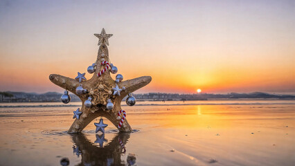 Glittery starfish decorated like a christmas tree stands on a wet beach at sunset with reflection
