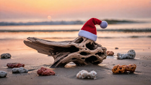 A small red and white santa hat rests on a piece of weathered driftwood on a sandy beach at sunset - Powered by Adobe