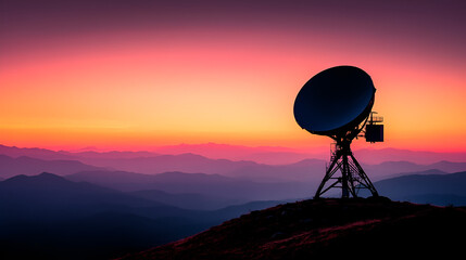 Telescopic array silhouetted against mountain vista sunset