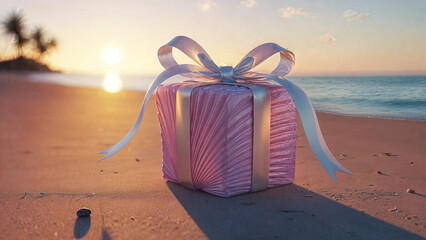 Pink gift box with white ribbon sitting on a sandy beach at sunset with ocean and palm tree in background