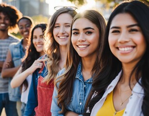 Smiling Faces Diverse Group of People Standing Together in Sunlight