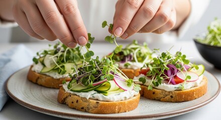 Preparing healthy open-faced sandwiches with fresh microgreens