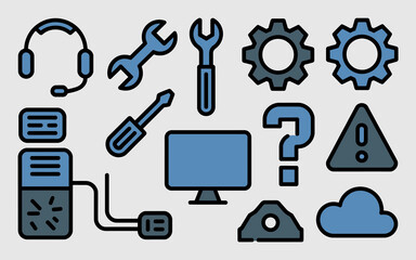 Fototapeta premium Collection of computer repair and technical support icons including headphones wrenches screwdriver computer monitor cpu gears question mark alert symbol and cloud storage
