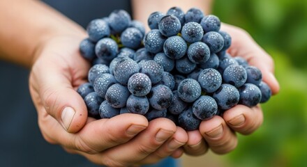 Obraz premium Hands holding fresh dark grapes with water droplets