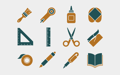 Collection of crafting and art supplies including a paintbrush rotary cutter glue bottle scissors ruler tape pens and a book presented in a clean vector illustration style