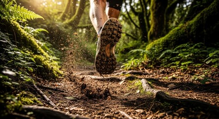 Trail runner's foot kicking up dirt in sunlit forest