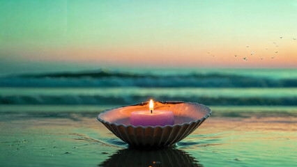 A lit candle burning inside a seashell resting on the wet sand of a beach at sunset or sunrise