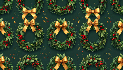 Festive Christmas Wreath Pattern with Red Berries and Gold Bows on a Dark Green Background