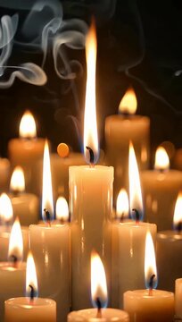 cinematic 4k scene showing three large candles glowing brightly in the foreground while numerous soft bokeh lights from additional candles illuminate the background creating a warm atmospheric