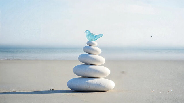 A small, light blue glass bird figurine balances atop a stack of smooth white zen stones on a sandy beach with the ocean in the background