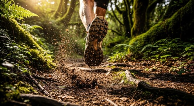 Trail runner's foot kicking up dirt in sunlit forest