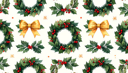 Vibrant seamless pattern featuring classic Christmas wreaths crafted from green holly and red berries, accented with elegant golden bows, perfect for festive holiday designs and seasonal decor