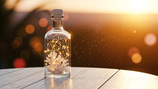 Magical glass bottle filled with glowing fairy lights sitting on a wooden table at sunset with bokeh background - Powered by Adobe