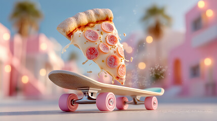 Minimalistic pizza slice skating food sport concept humorous design modern style creative art generated AI