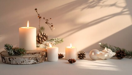 Cozy Christmas Candles Festive Decor with Pine Cones and Seasonal Ambiance