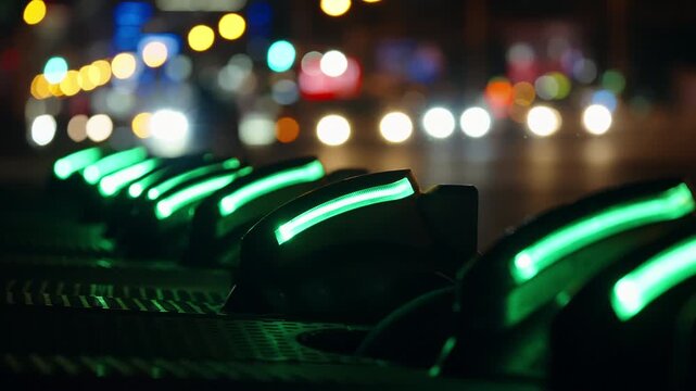 Row of illuminated bike docking stations with glowing green LED indicators along a busy urban street at night, captured with shallow depth of field and vibrant city bokeh lights