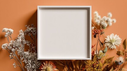 Empty white square frame surrounded by autumnal dried flowers on a peach background