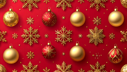 A luxurious seamless Christmas pattern featuring elegant gold ornaments and shimmering golden snowflakes on a festive red background