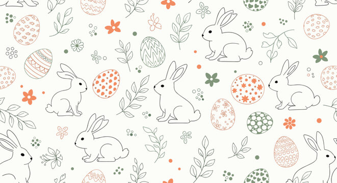 Delicate seamless Easter pattern with hand-drawn line art bunnies, decorated eggs, and foliage on a light neutral background.