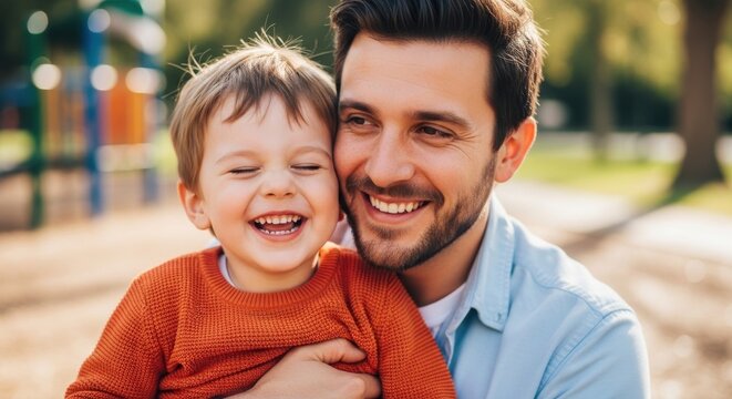 Joyful father and son laughing outdoors