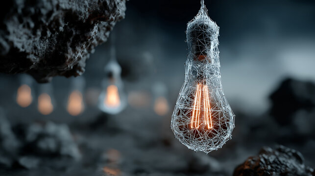 Abstract glowing bulb network neon wires shaping human brain technology concept modern design futuristic style generated AI