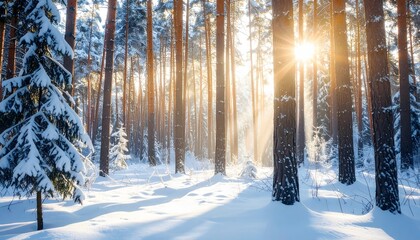 Golden sunbeams pierce through snow-covered pine trees in a tranquil winter forest landscape
