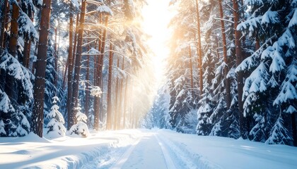 Golden sunbeams illuminate a snow-covered forest path, creating a tranquil winter wonderland scene with frosty trees