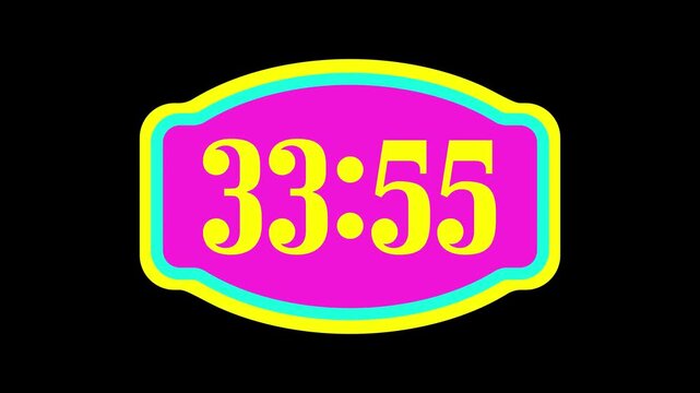 Countdown timer from 34 minute to 33 minute with neon digital timer on an oval decorative display over a black background