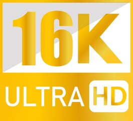 Digital technology icon representing 16k ultra hd resolution standard with bold yellow text on a dark background, symbolizing high definition video quality and future display capability