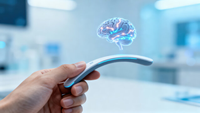 Futuristic technology hand device hologram brain innovation healthcare neuroscience medical research digital interface blue modern science human