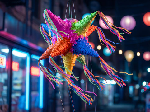 Traditional Mexican Star Pi&ntilde;ata Hanging on a Dark City Street