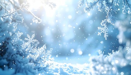 Magical winter wonderland scene with soft glowing light illuminating snow-covered branches and falling snowflakes