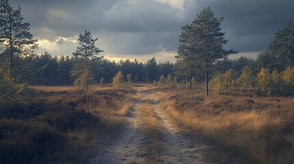Forest path under a cloudy sky