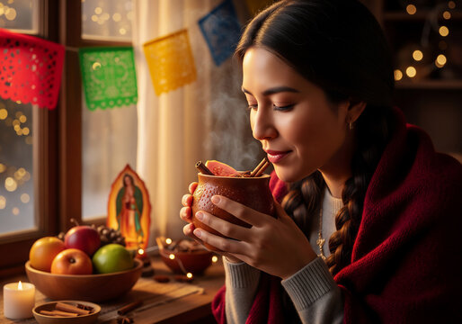 Woman Sipping Hot Traditional Mexican Ponche by the Window
