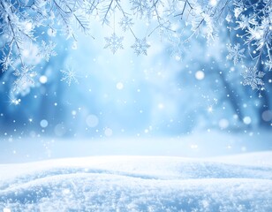 Beautiful snowy Christmas background with sparkling snowflakes and a soft blue glow in a magical winter landscape