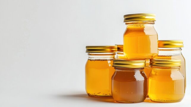 Stack of honey jars with golden lids on white background
