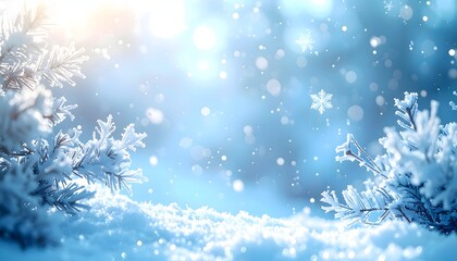 Winter Wonderland Snowy Branches and Sparkling Snowflakes in a Blue and White Scene