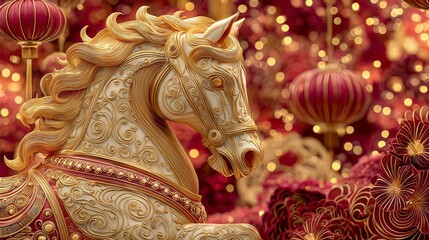 A gold and white horse is surrounded by red lanterns