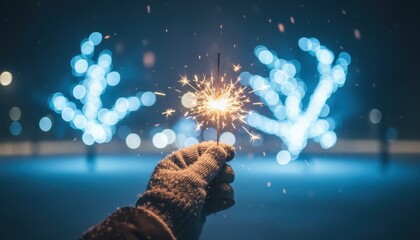 A hand holds a sparkling firework while celebrating joyful moments filled with excitement and festive light