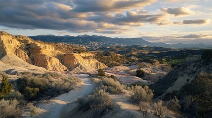 Golden hour vista of sculpted earth formations