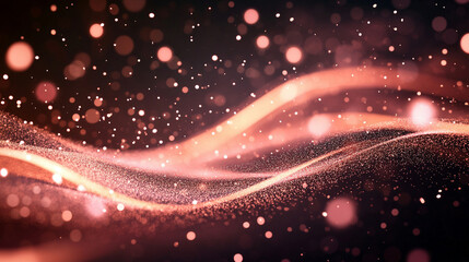 Elegant rose gold background with shining particles flowing left to right, surrounded by soft pink blinking light, symbolizing luxury, glamour, elegance, festive design, and sophisticated digital aest