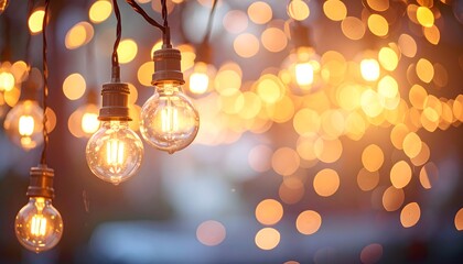 Captivating string lights with a warm, golden glow creating a romantic and festive ambiance in an outdoor setting at dusk, surrounded by soft bokeh