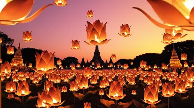 Vesak (Visakha Bucha) celebration, soft pink gold gradient, lotus lanterns rising in the air, subtle temple silhouette behind