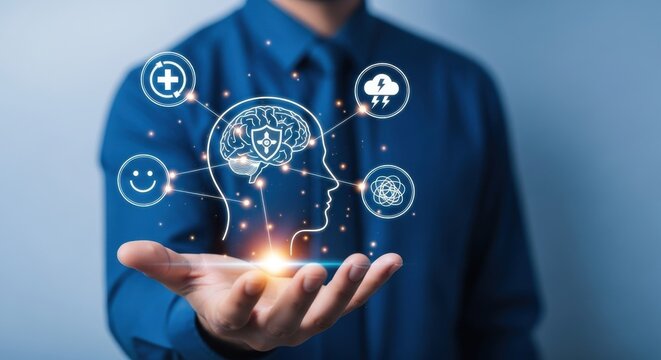 Hand holding icons representing mental well-being and brain.