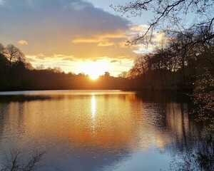 Golden sunset over a calm lake, framed by trees